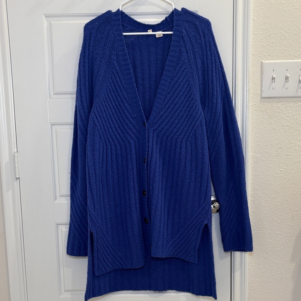 Moth Anthropologie Blue Ribbed Cardigan Sweater Size M Cozy Chunky Knit
